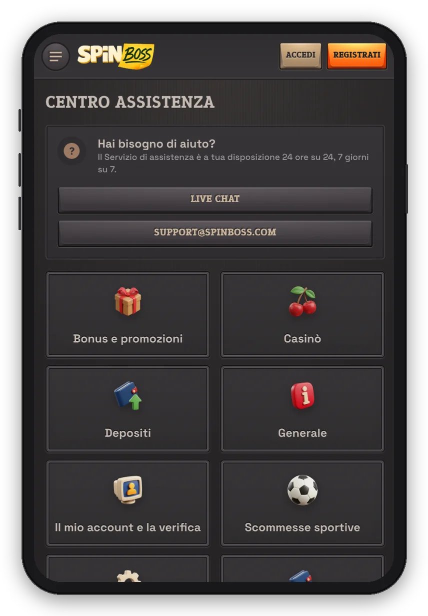 Centro assistenza e FAQ di SpinBoss Casinò su mobile: live chat 24/7, e-mail e categorie di aiuto (mockup smartphone)