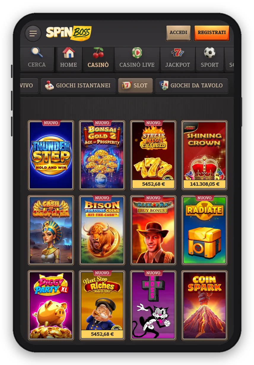 SpinBoss Casinò – catalogo slot mobile Pagina Slot di SpinBoss Casinò su mobile con la griglia delle slot machine e i jackpot (mockup smartphone)