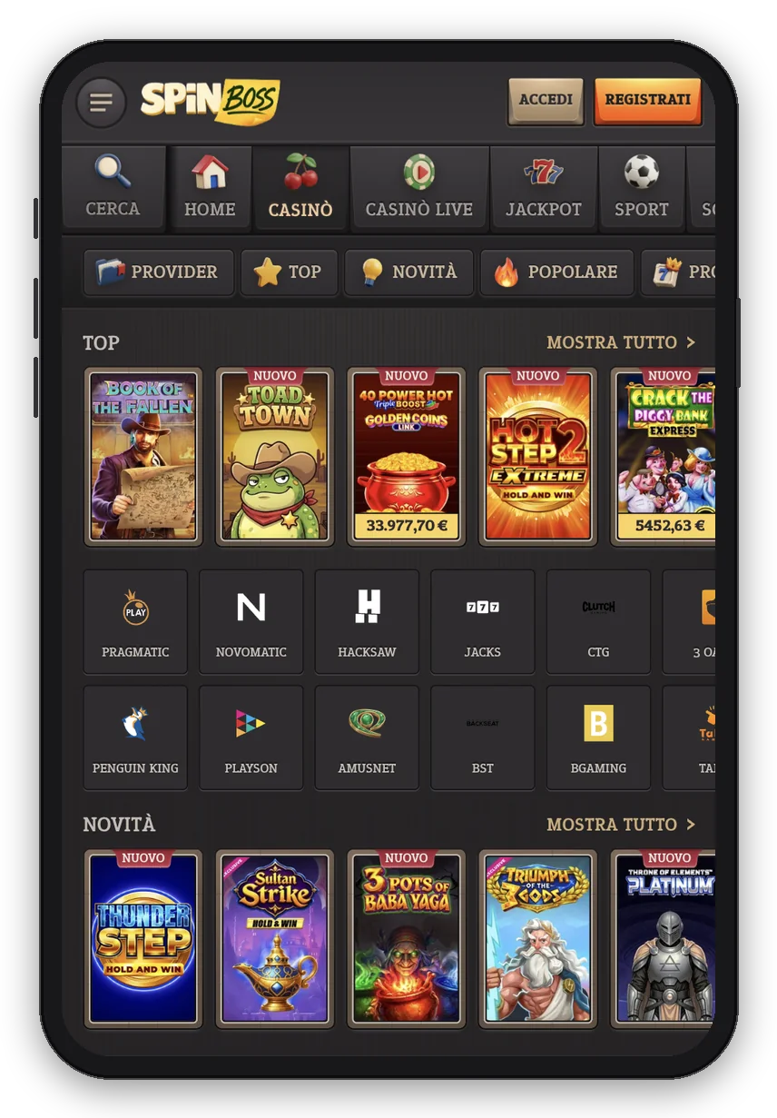 SpinBoss Casinò – lobby giochi mobile Lobby del casinò SpinBoss su mobile: sezione Top, provider e novità con le slot in evidenza (mockup smartphone)