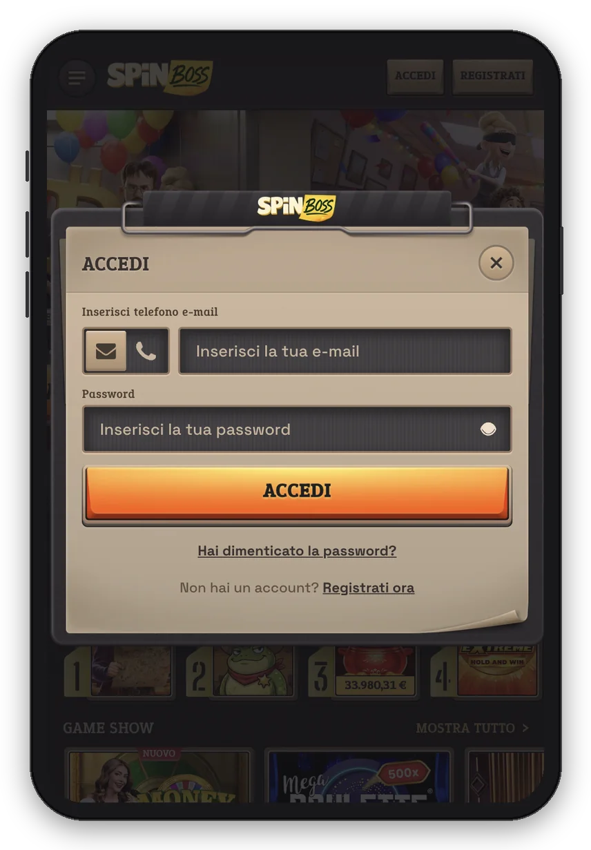 SpinBoss Casinò – login mobile Schermata di login SpinBoss su mobile: accesso con e-mail o telefono e password (mockup smartphone)